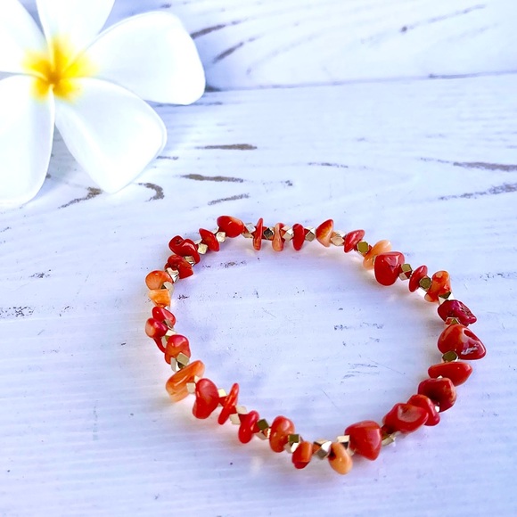 Gemstone Stretch Bracelet - Orange Coral - Picture 2 of 3